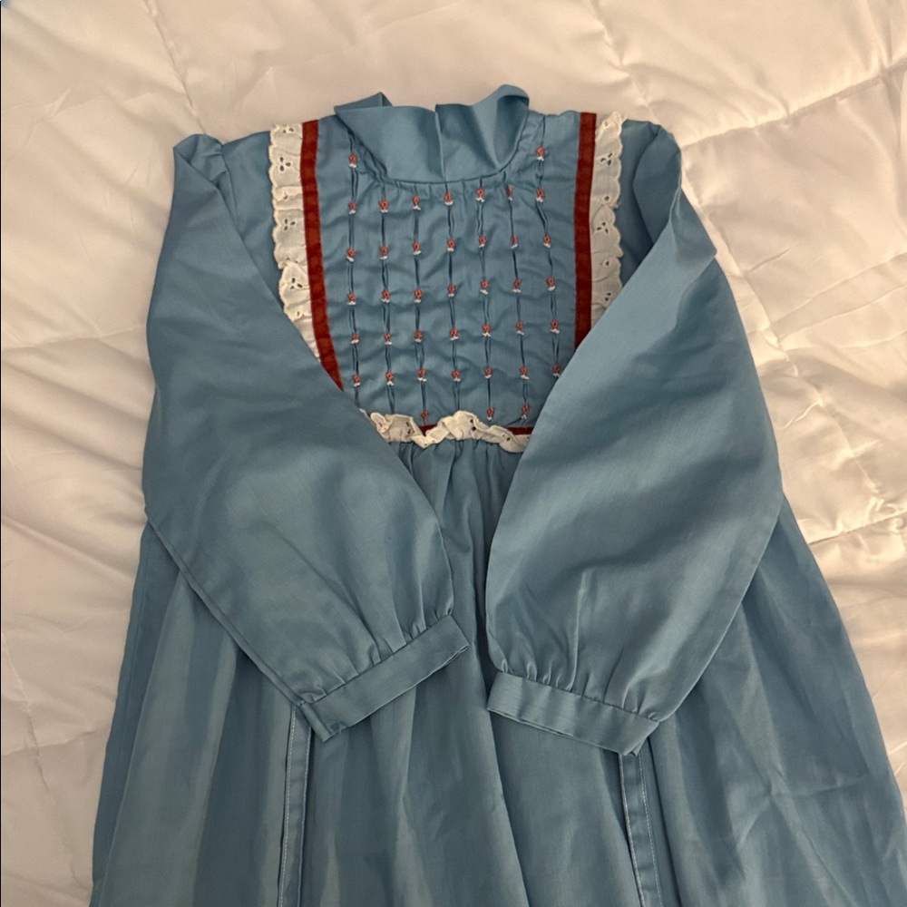 Vintage Polly Flinders Blue Smocked Long Sleeve Prairie Dress with Lace Trim
